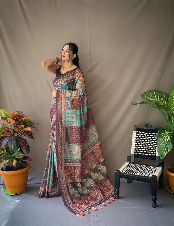 Blue_Pure_Soft_Cotton_Kalamkari_Print_Saree_With_Blouse_Piece_Attached